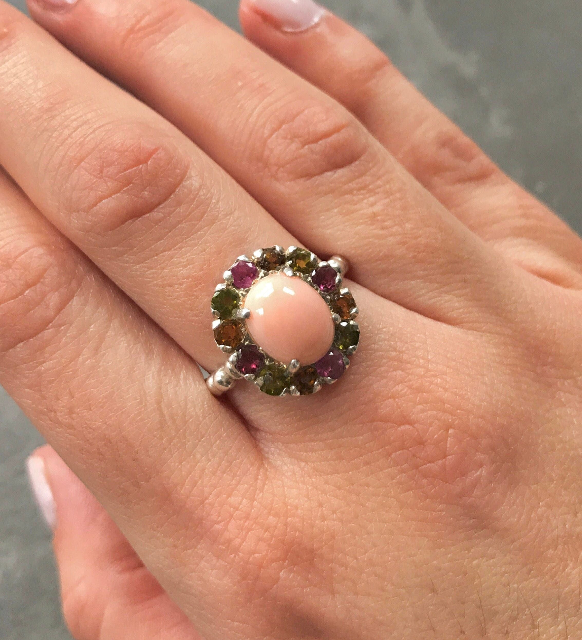 Pink Coral Ring, Natural Coral Ring, March Birthstone, Coral Ring, Vintage Ring, Tourmaline Rings, Multi Color Tourmaline, Solid Silver Ring
