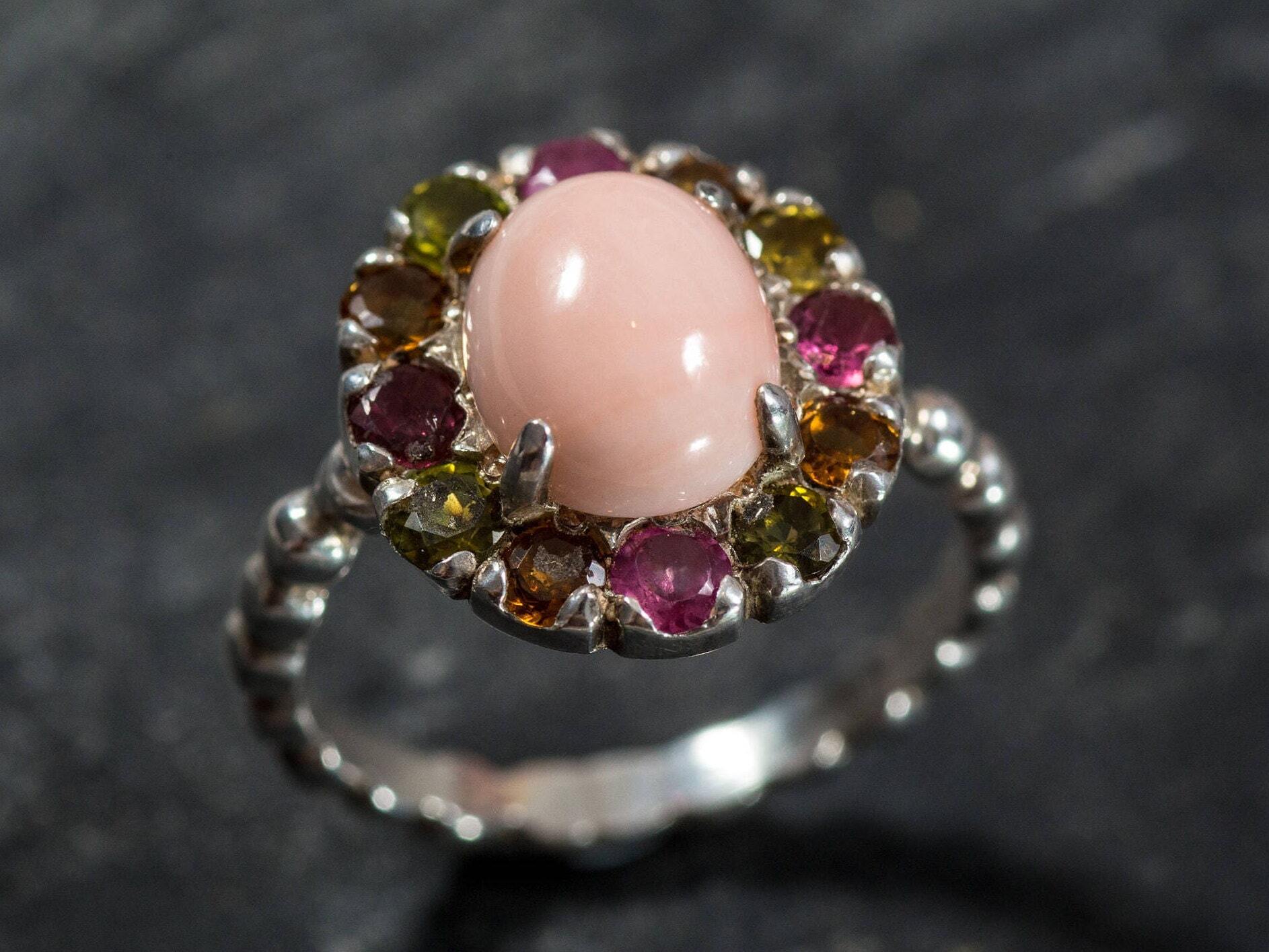Pink Coral Ring, Natural Coral Ring, March Birthstone, Coral Ring, Vintage Ring, Tourmaline Rings, Multi Color Tourmaline, Solid Silver Ring
