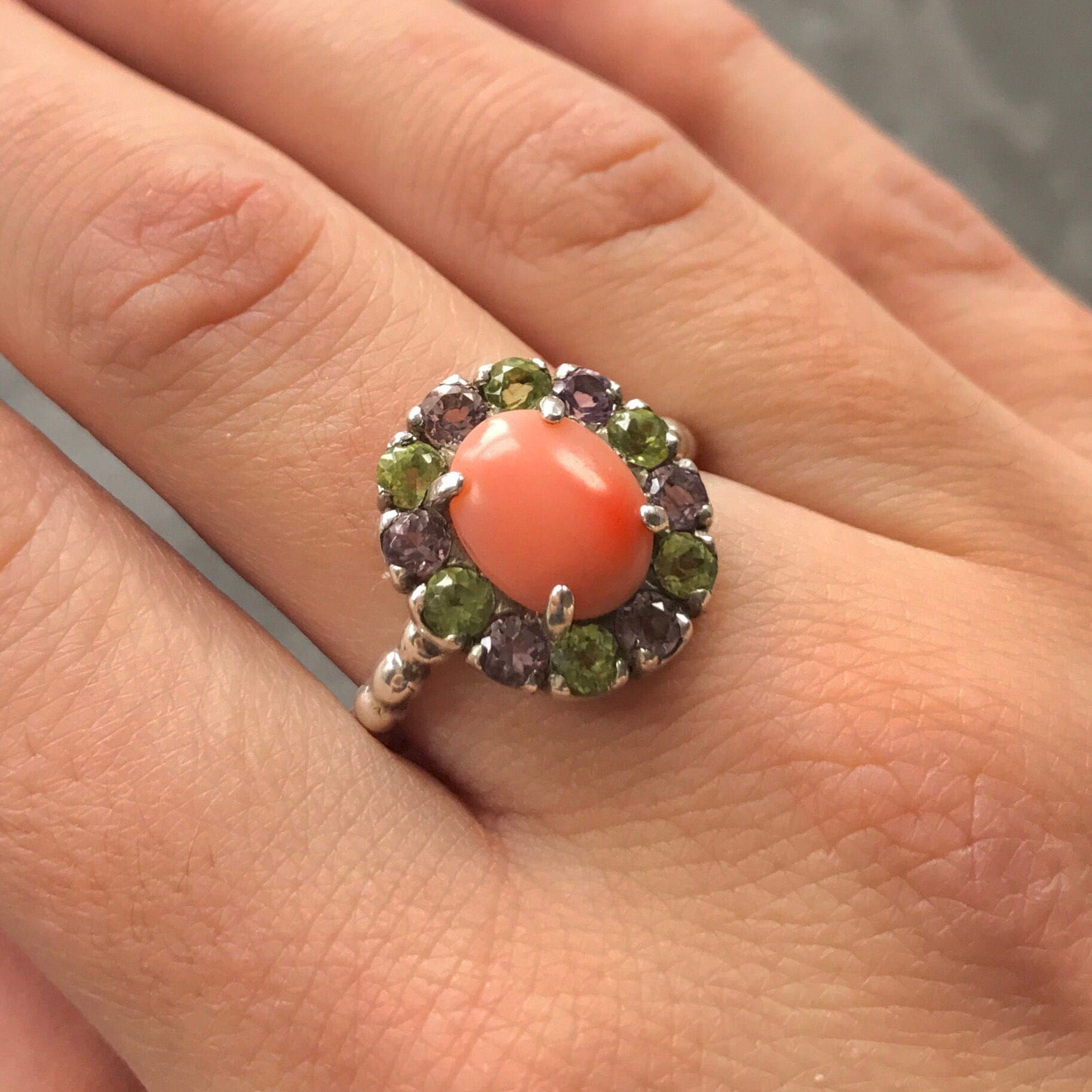 Coral Ring, Natural Coral Ring, March Birthstone, Angel Skin Coral, Pink Coral, Vintage Ring, Peridot Ring, Amethyst Ring, Solid Silver Ring