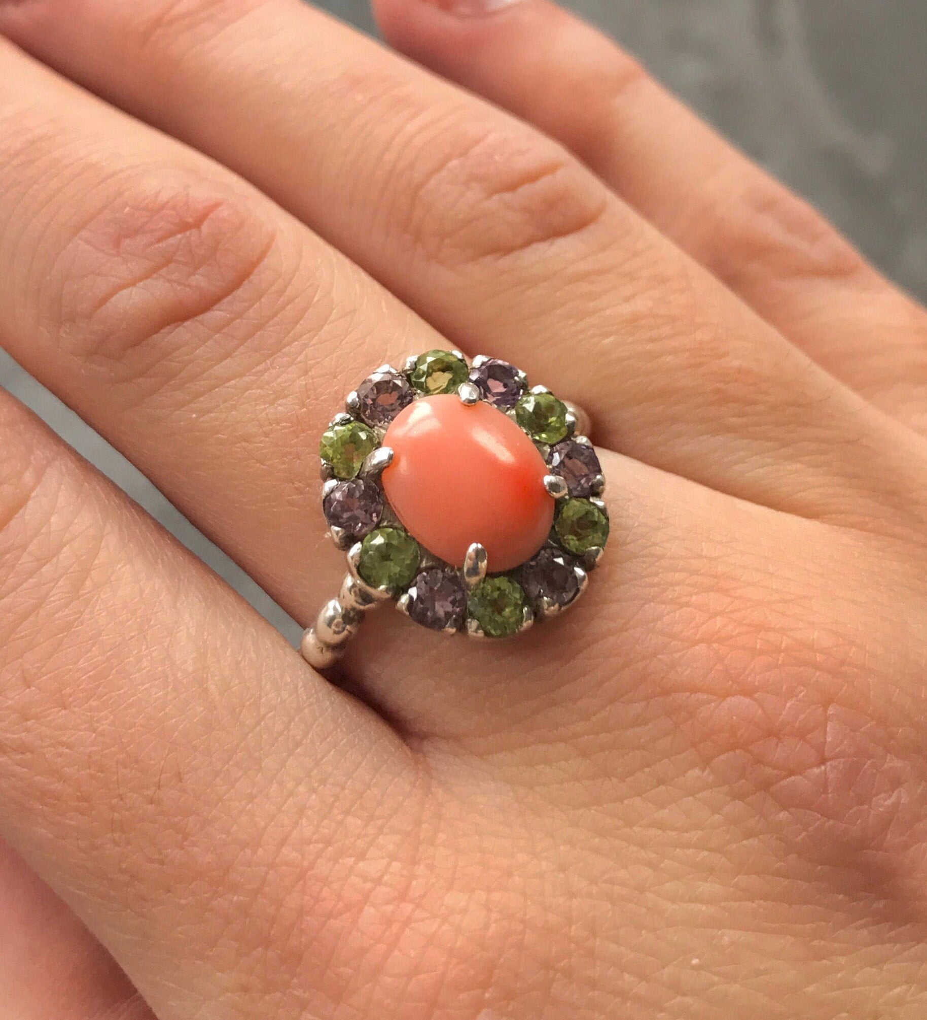 Coral Ring, Natural Coral Ring, March Birthstone, Angel Skin Coral, Pink Coral, Vintage Ring, Peridot Ring, Amethyst Ring, Solid Silver Ring