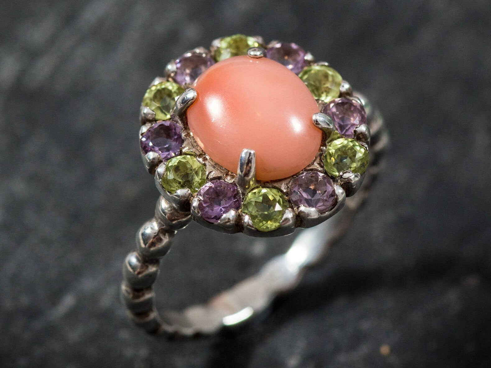 Coral Ring, Natural Coral Ring, March Birthstone, Angel Skin Coral, Pink Coral, Vintage Ring, Peridot Ring, Amethyst Ring, Solid Silver Ring