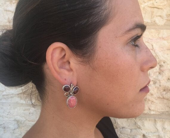 Rhodochrosite Earrings, Natural Rhodochrosite, Vintage Earrings, Raspberry Earrings, Statement Earrings, Pink Earrings, 925 Silver Earrings