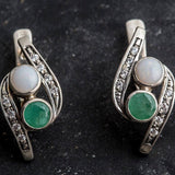 Gold Opal Earrings - Bypass Emerald Earrings - Two Stone Drop Earrings