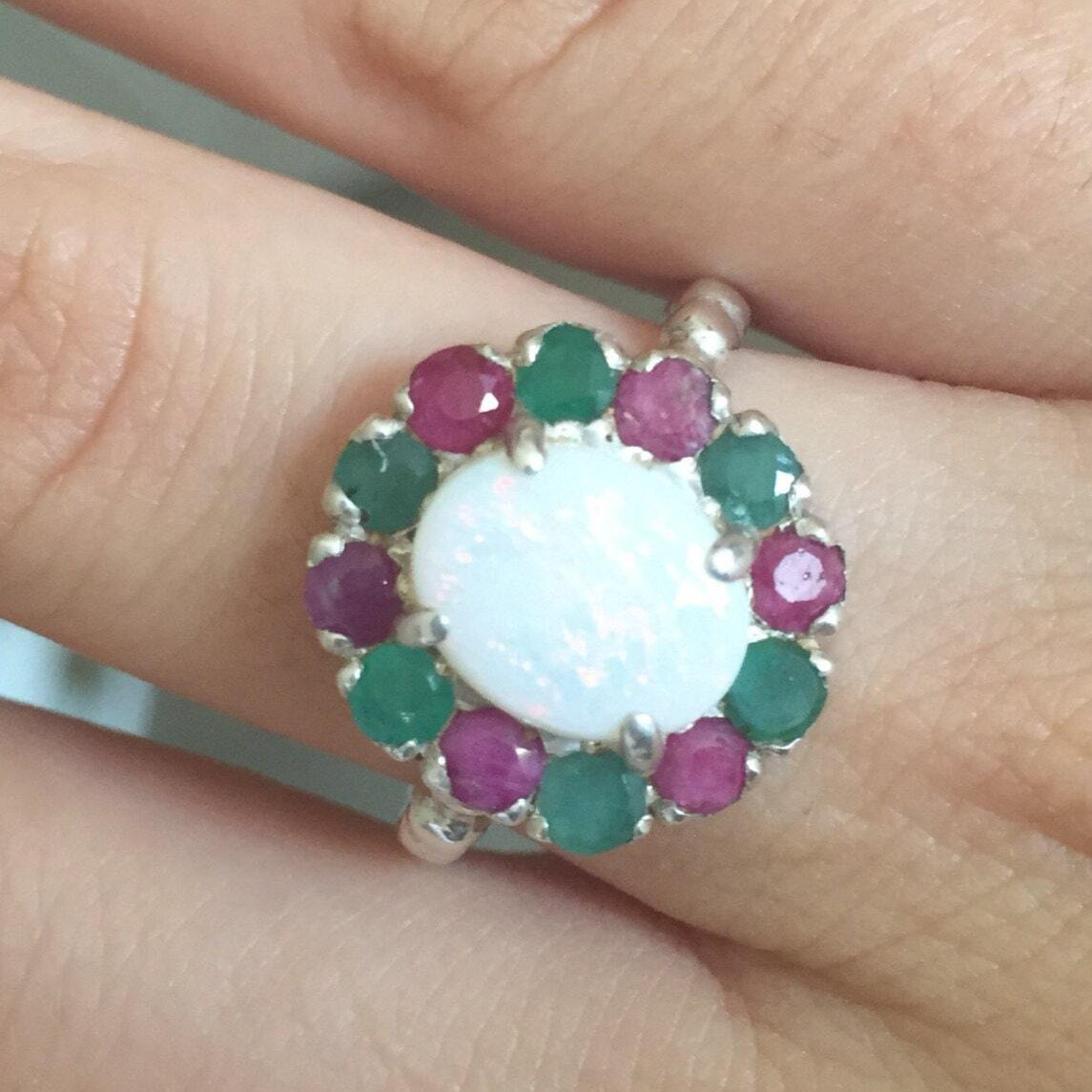Opal Ring, Natural Opal, Emerald Ring, Vintage Rings, Natural Emerald, Natural Stones, Natural Ruby, Vintage Opal, Solid Silver Ring, Opal