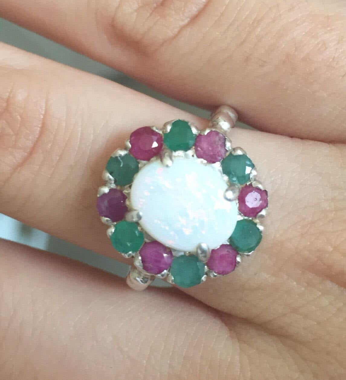 Opal Ring, Natural Opal, Emerald Ring, Vintage Rings, Natural Emerald, Natural Stones, Natural Ruby, Vintage Opal, Solid Silver Ring, Opal
