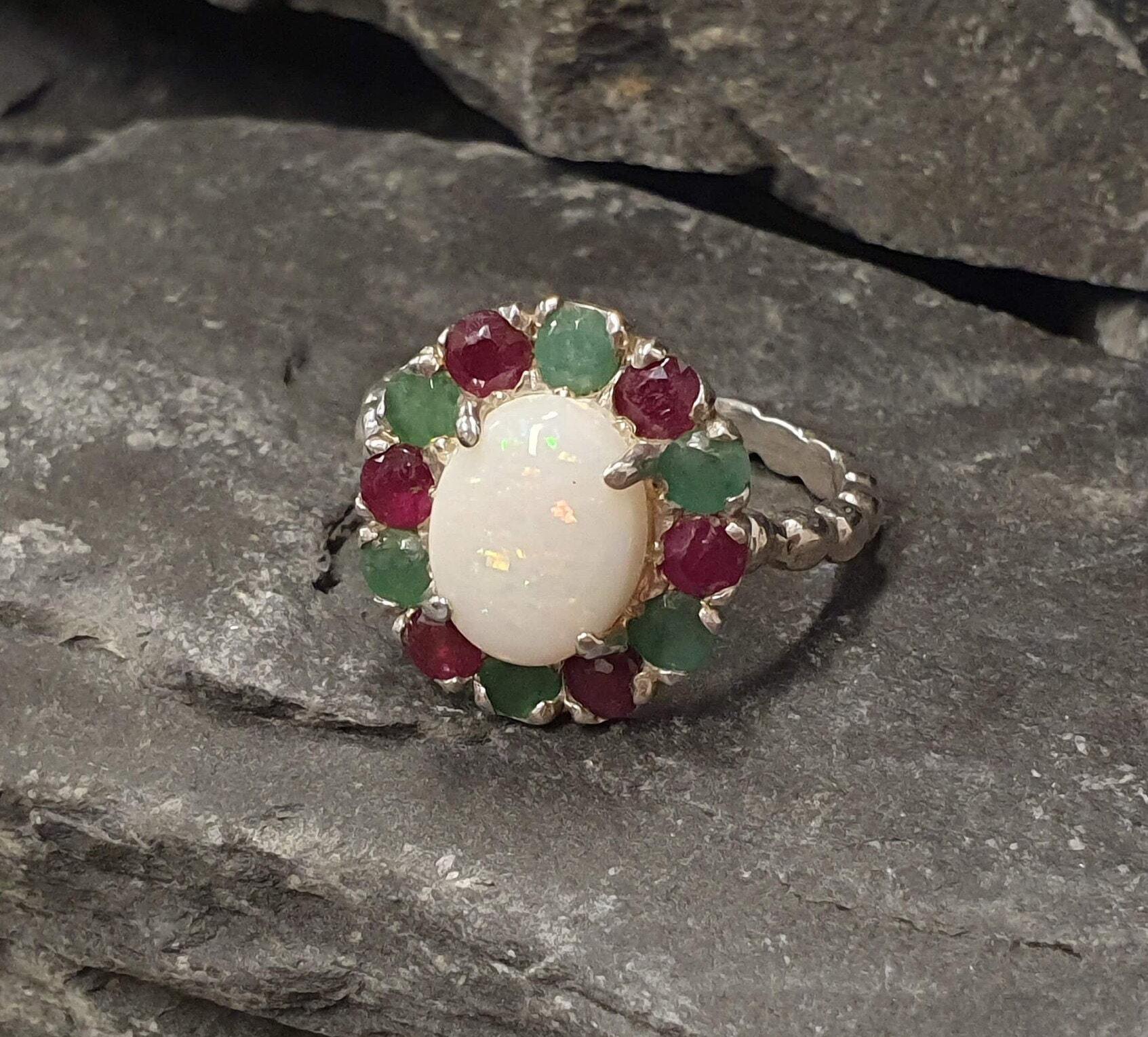 Opal Ring, Natural Opal, Emerald Ring, Vintage Rings, Natural Emerald, Natural Stones, Natural Ruby, Vintage Opal, Solid Silver Ring, Opal