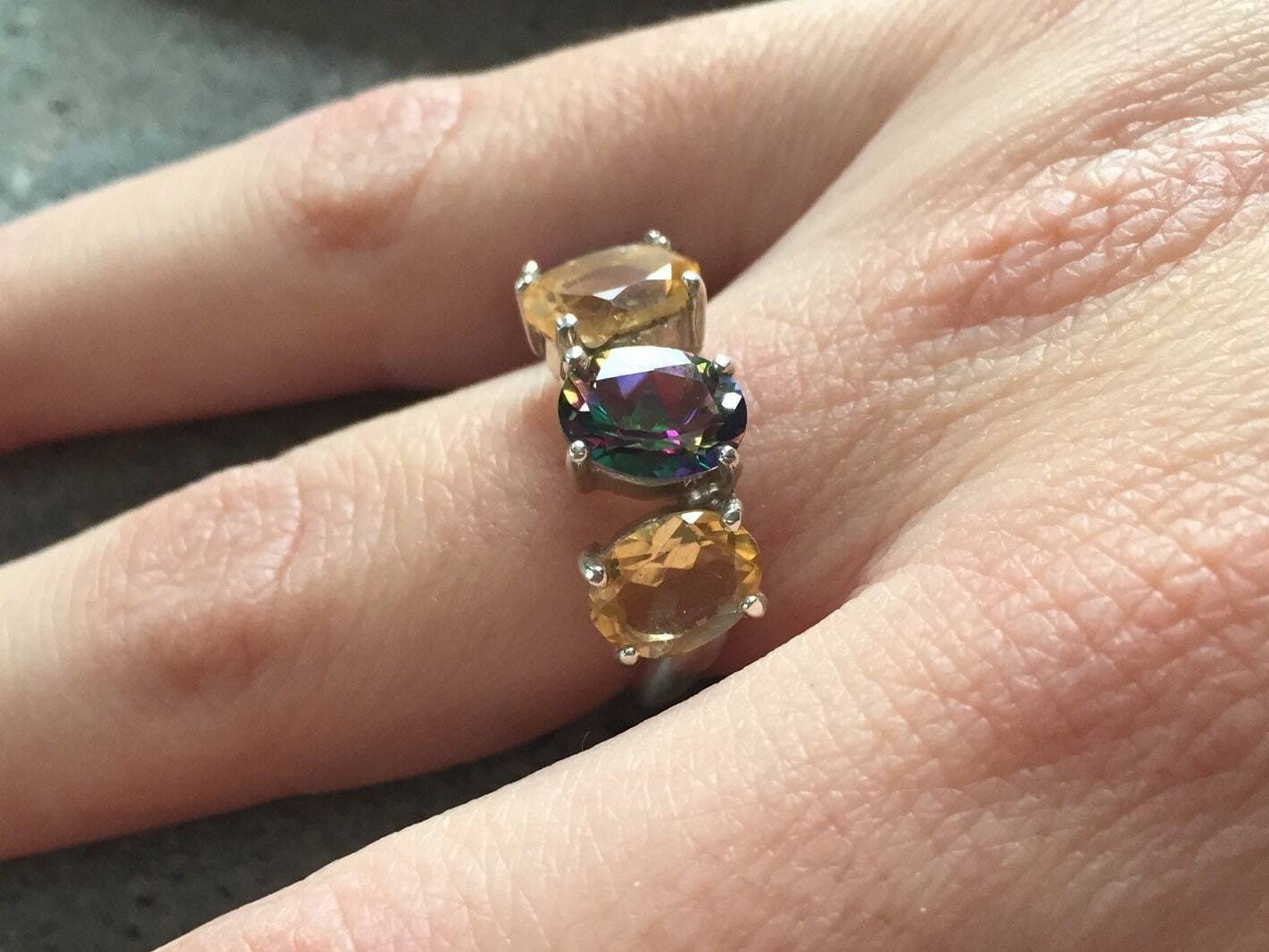Citrine Ring, Natural Citrine, Mystic Topaz Ring, Natural Mystic Topaz, Asymmetric Ring, Birthstone Ring, Vintage Ring, Solid Silver Ring