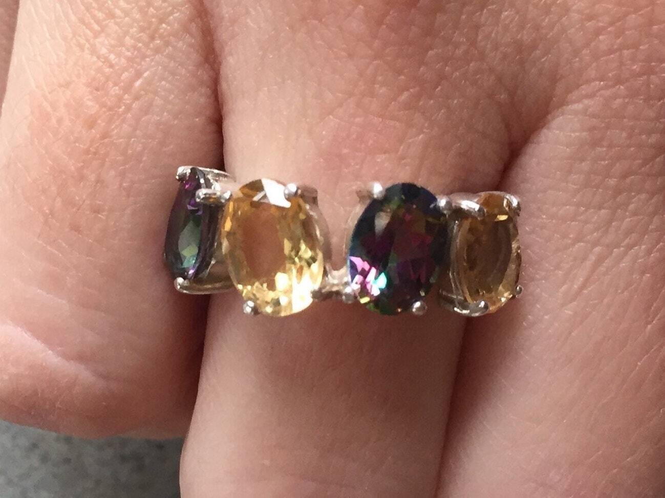 Citrine Ring, Natural Citrine, Mystic Topaz Ring, Natural Mystic Topaz, Asymmetric Ring, Birthstone Ring, Vintage Ring, Solid Silver Ring