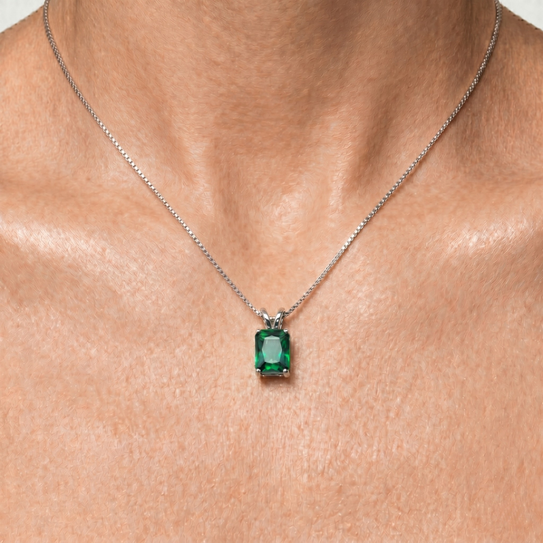 Elegant 925 Sterling Silver Emerald Pendant with Created Green Emerald, ideal for May birthdays and everyday wear.