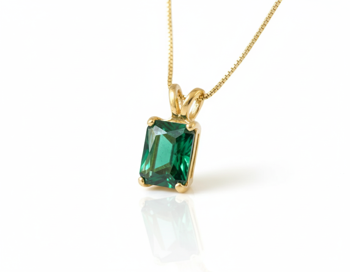 Elegant 18k Gold Vermeil Emerald Pendant featuring a created green emerald, ideal for birthdays and special occasions.