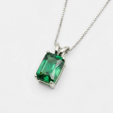 White Gold Emerald Pendant - Created Emerald Necklace - Emerald Cut White Gold Pendant