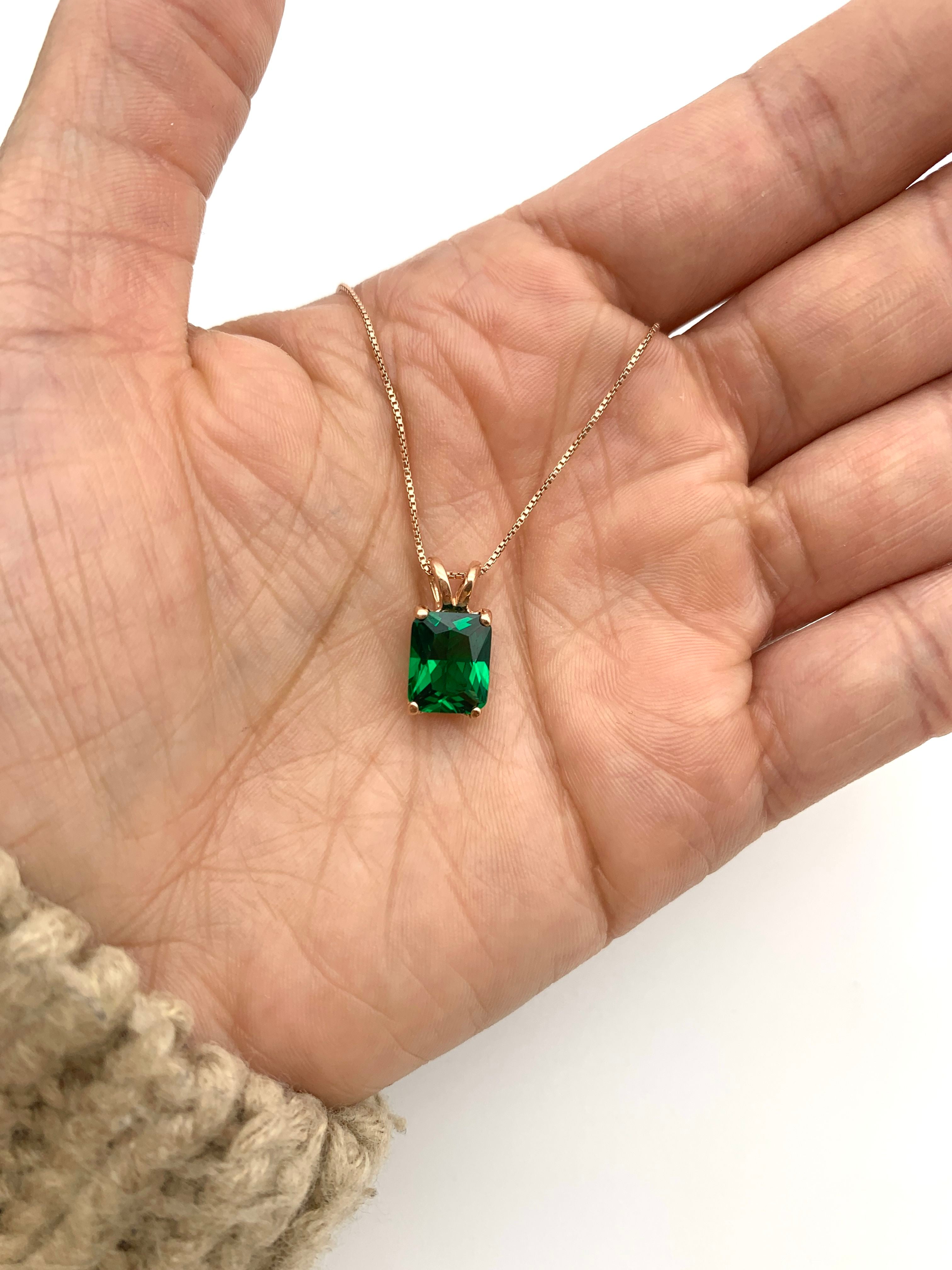 Emerald pendant, Created Emerald, Green Gem Necklace, Layering Necklace, Minimalist Pendant, Dainty Pendant, Square Pendant, Sterling Silver(3)