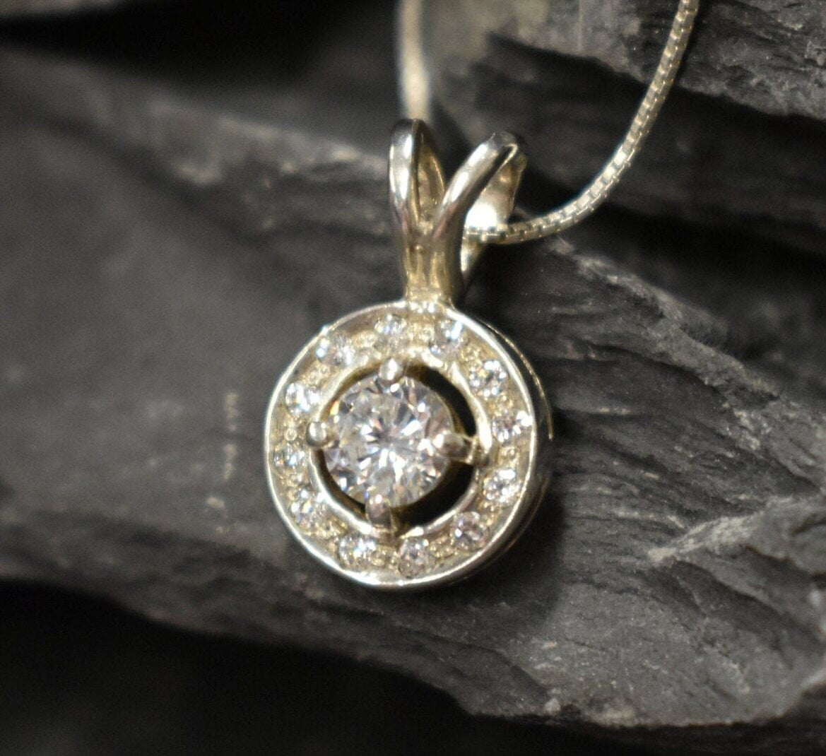 Round Pendant, Diamond Pendant, Created Diamond, Cluster Pendant, Sparkly Pendant, Small Silver Pendant, Vintage Pendant, 925 Silver Pendant