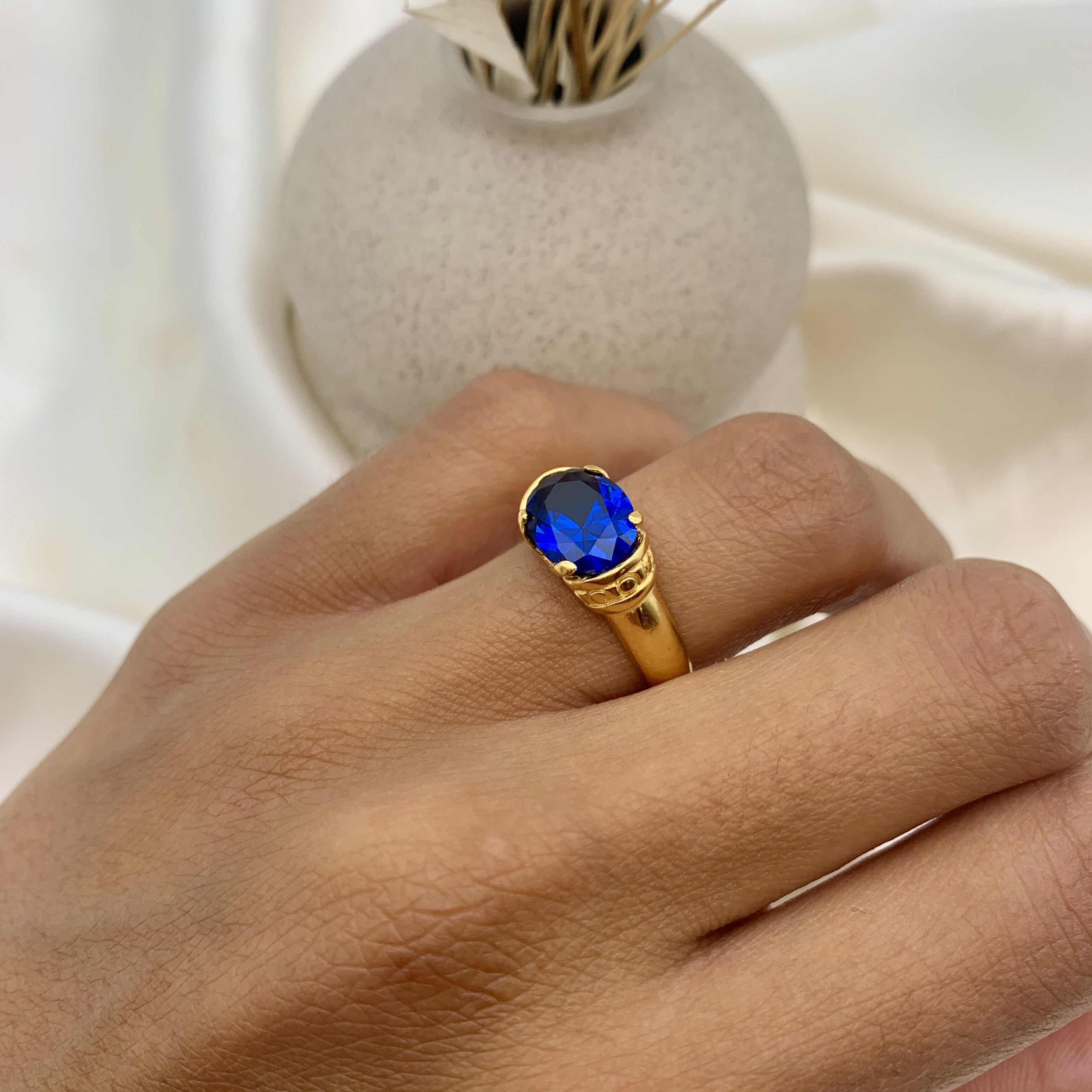 Sapphire Ring in 18k Gold Vermeil with Oval Created Blue Sapphire, perfect birthday gift symbolizing sincerity and faithfulness.