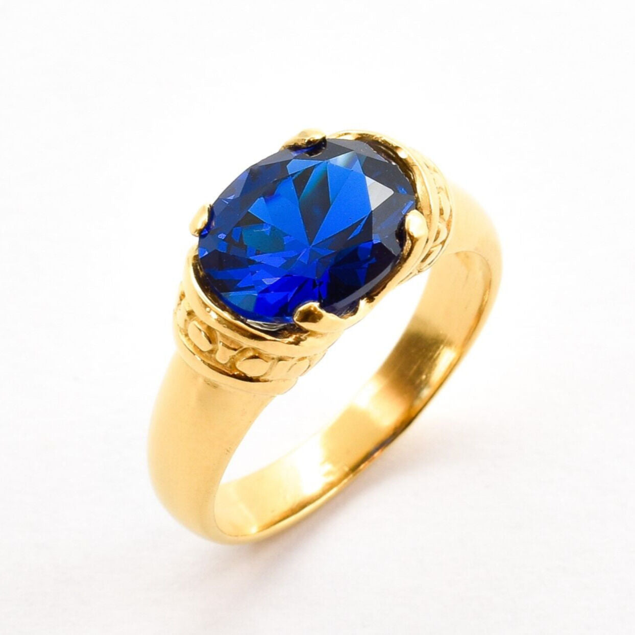 Created Sapphire Ring made in 18k Gold Vermeil with Oval Created Blue Sapphire in Solitaire setting, September Birthstone gift idea, symbolizes sincerity, truth, and faithfulness, ideal for everyday wear and perfect for birthday gifting and special occasions.