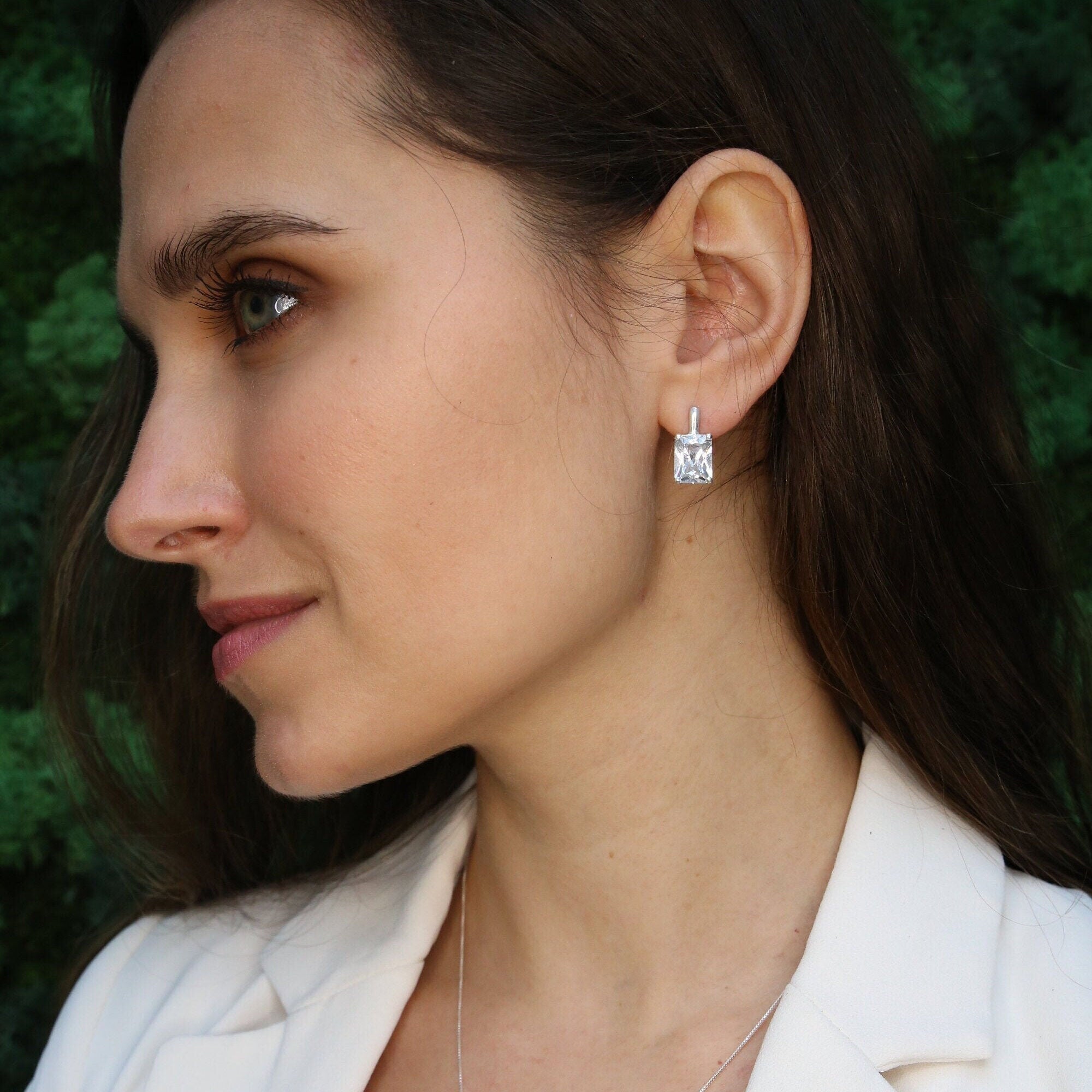 Diamond Earrings, Created Diamond, Square Earrings, Dainty Earrings, Sparkly Earrings, 3 Carat Diamond, CZ Earrings, Bridal earrings, Silver