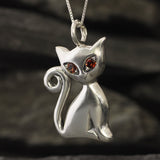 Large Cat Pendant - Red Garnet Necklace - Cat Lover Necklace