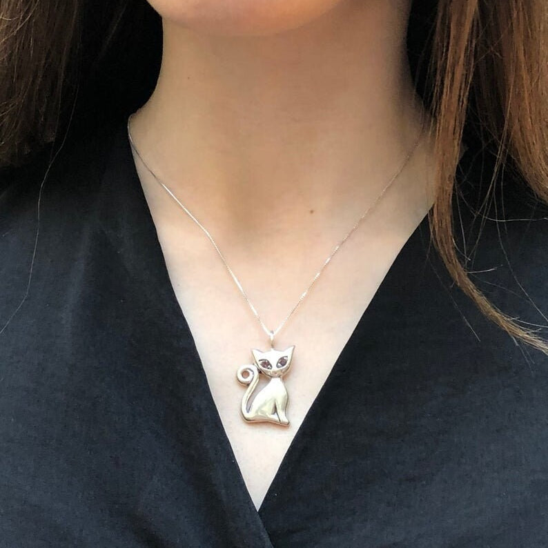 Garnet Pendant, Cat Necklace, Animal Necklace, Natural Garnet, January Birthstone, Cute Necklace, Silver Cat Necklace, Solid Silver,Artistic