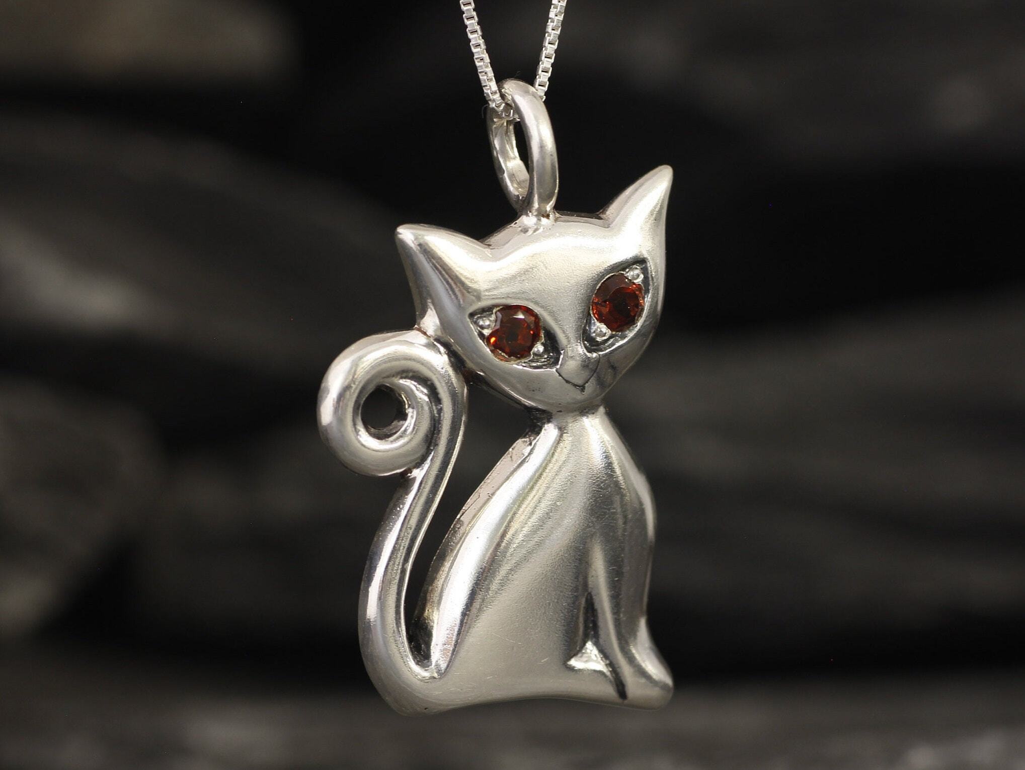 Garnet Pendant, Cat Necklace, Animal Necklace, Natural Garnet, January Birthstone, Cute Necklace, Silver Cat Necklace, Solid Silver,Artistic