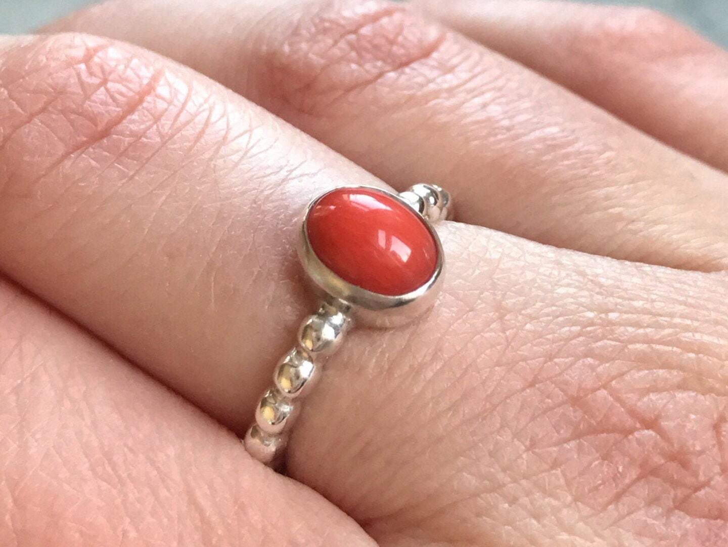 Coral Ring, Red Coral Ring, Natural Coral Ring, March Birthstone, Coral, Real Coral, Red Coral, Red Ring, Ribbed Band, Solid Silver Ring