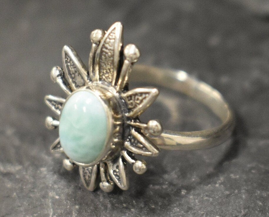 Blue Larimar Ring, Natural Larimar, Lotus Ring, Vintage Ring, Flower Ring, Sky Blue Ring, Leaf Ring, Antique Ring, Sterling Silver Ring