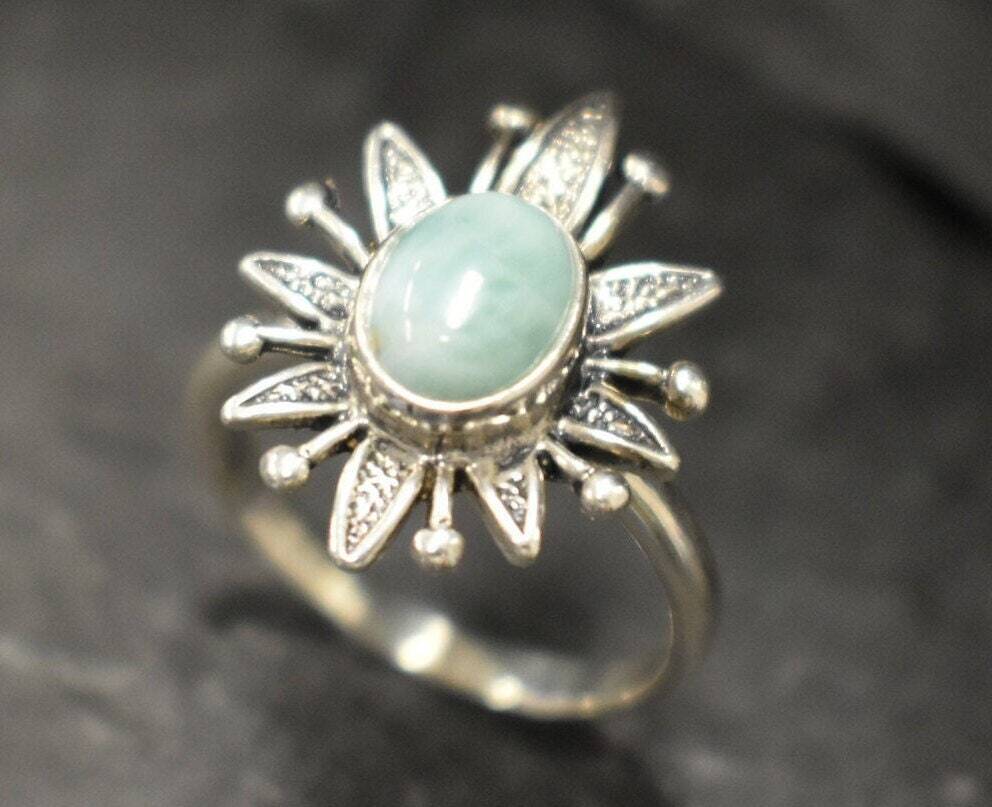 Blue Larimar Ring, Natural Larimar, Lotus Ring, Vintage Ring, Flower Ring, Sky Blue Ring, Leaf Ring, Antique Ring, Sterling Silver Ring