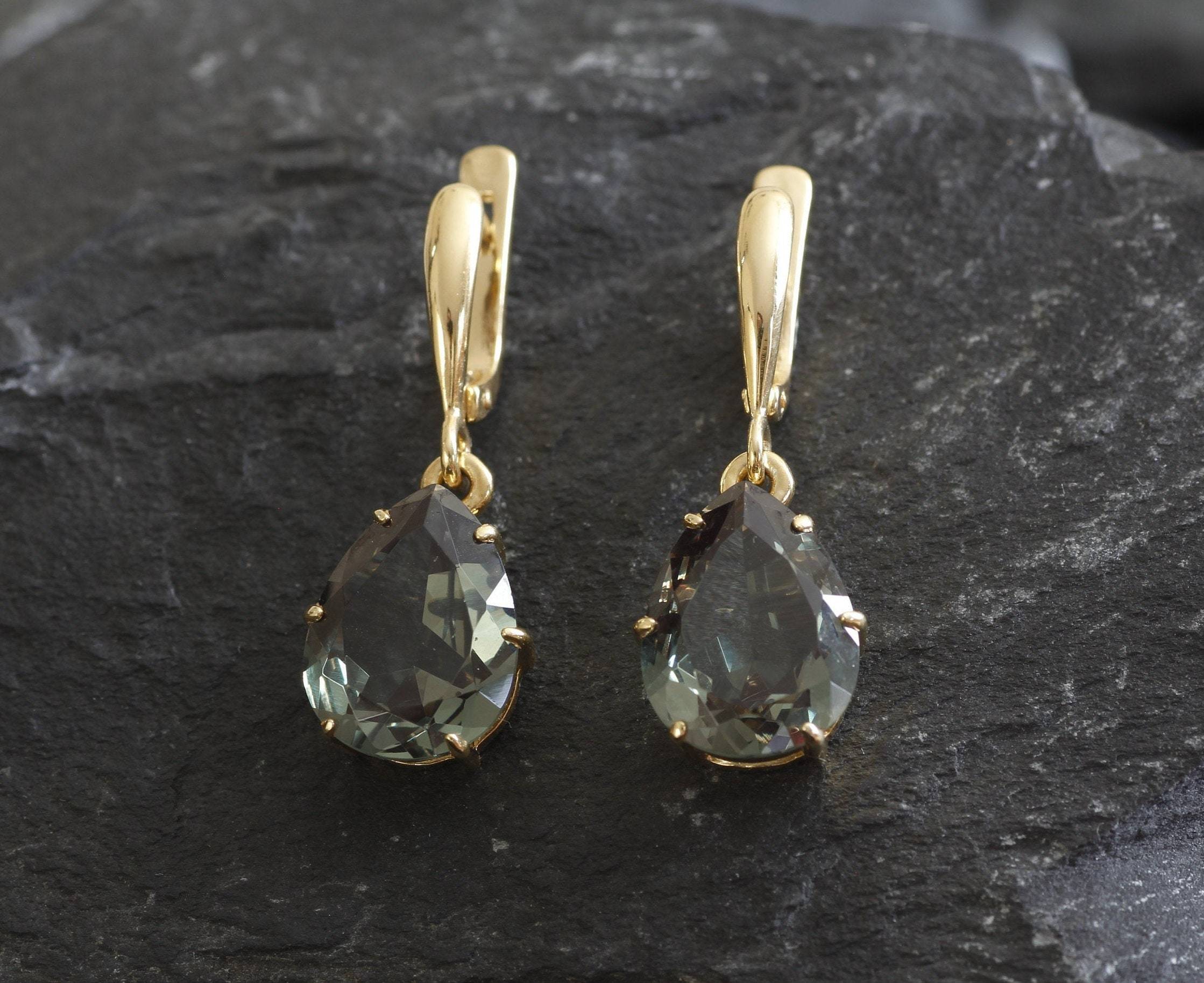 Green Diamond Earrings - Teardrop Dangling Earrings - Heavy Green Earrings