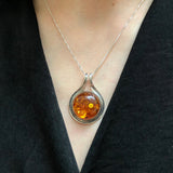 Amber Pendant - Large Amber Necklace - Round Yellow Pendant