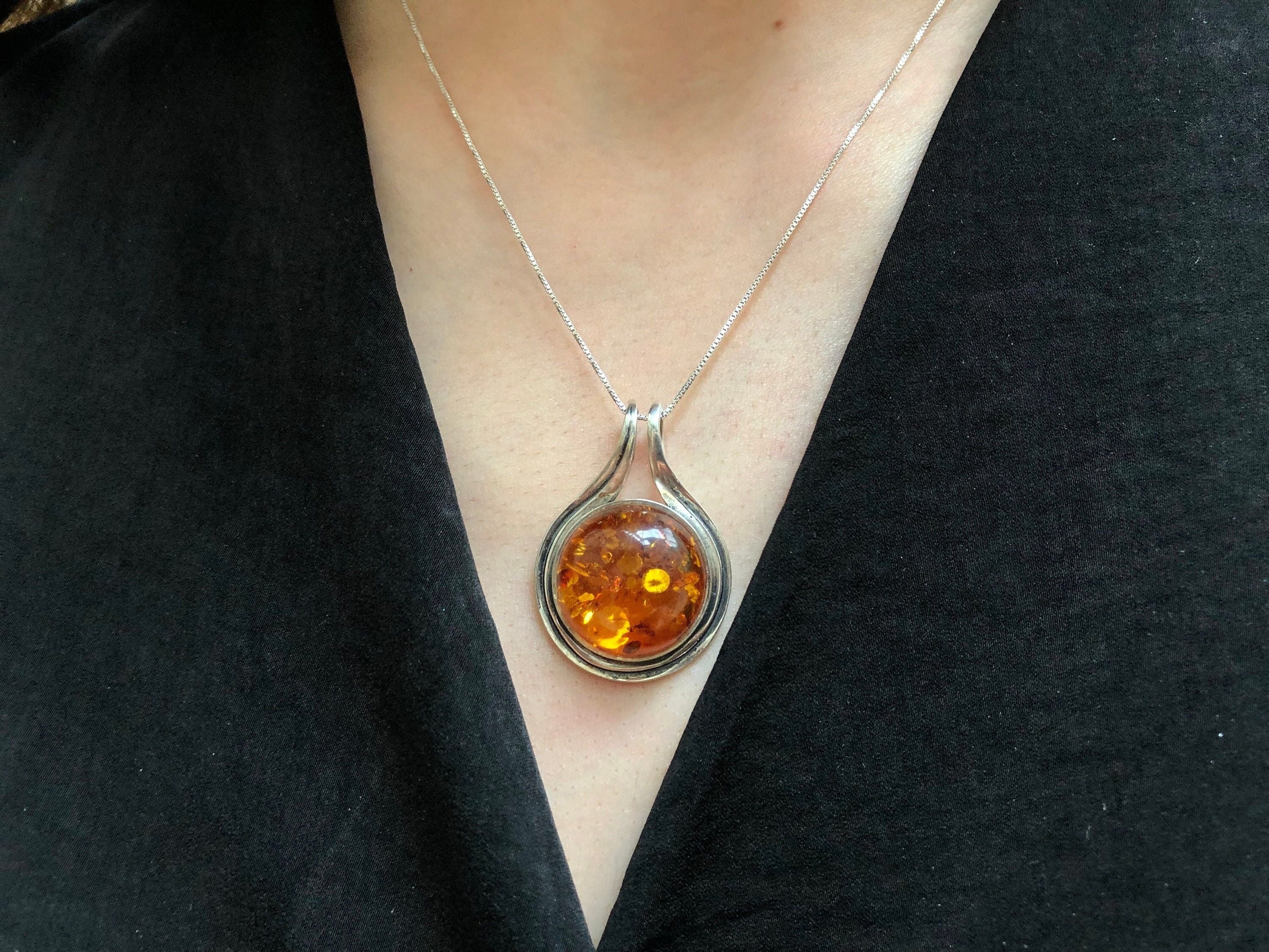Natural Amber Pendant, Large Amber Pendant, Amber Pendant, Round Yellow Pendant, Genuine Amber Pendant, Large Amber, Big Silver Pendant