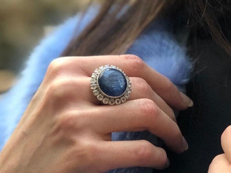 Kyanite Ring, Opal Ring, Natural Opal, October Birthstone, Large Ring, Statement Ring, Blue Stone Ring, Solid Silver Ring, Opal, Kyanite