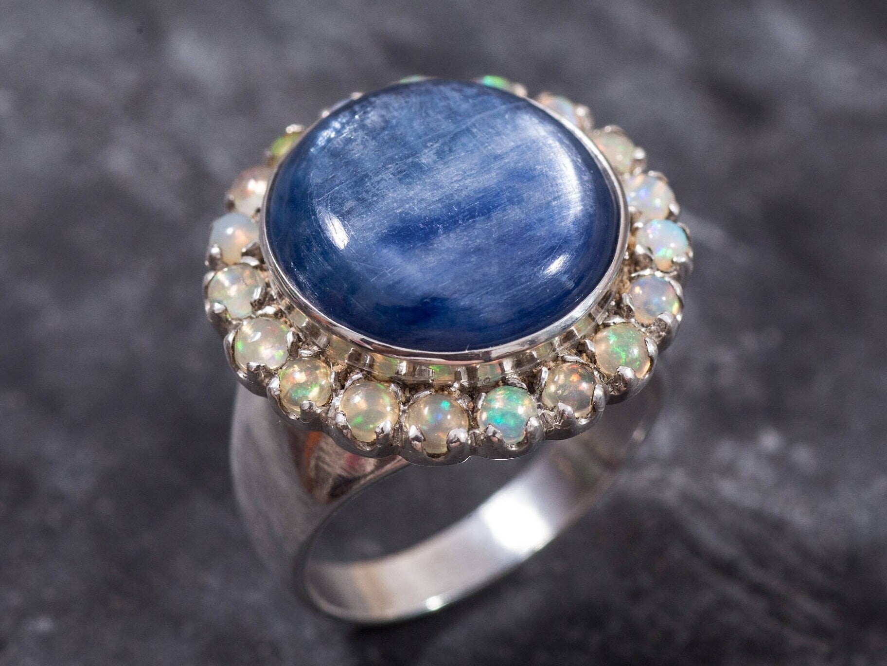 Kyanite Ring, Opal Ring, Natural Opal, October Birthstone, Large Ring, Statement Ring, Blue Stone Ring, Solid Silver Ring, Opal, Kyanite