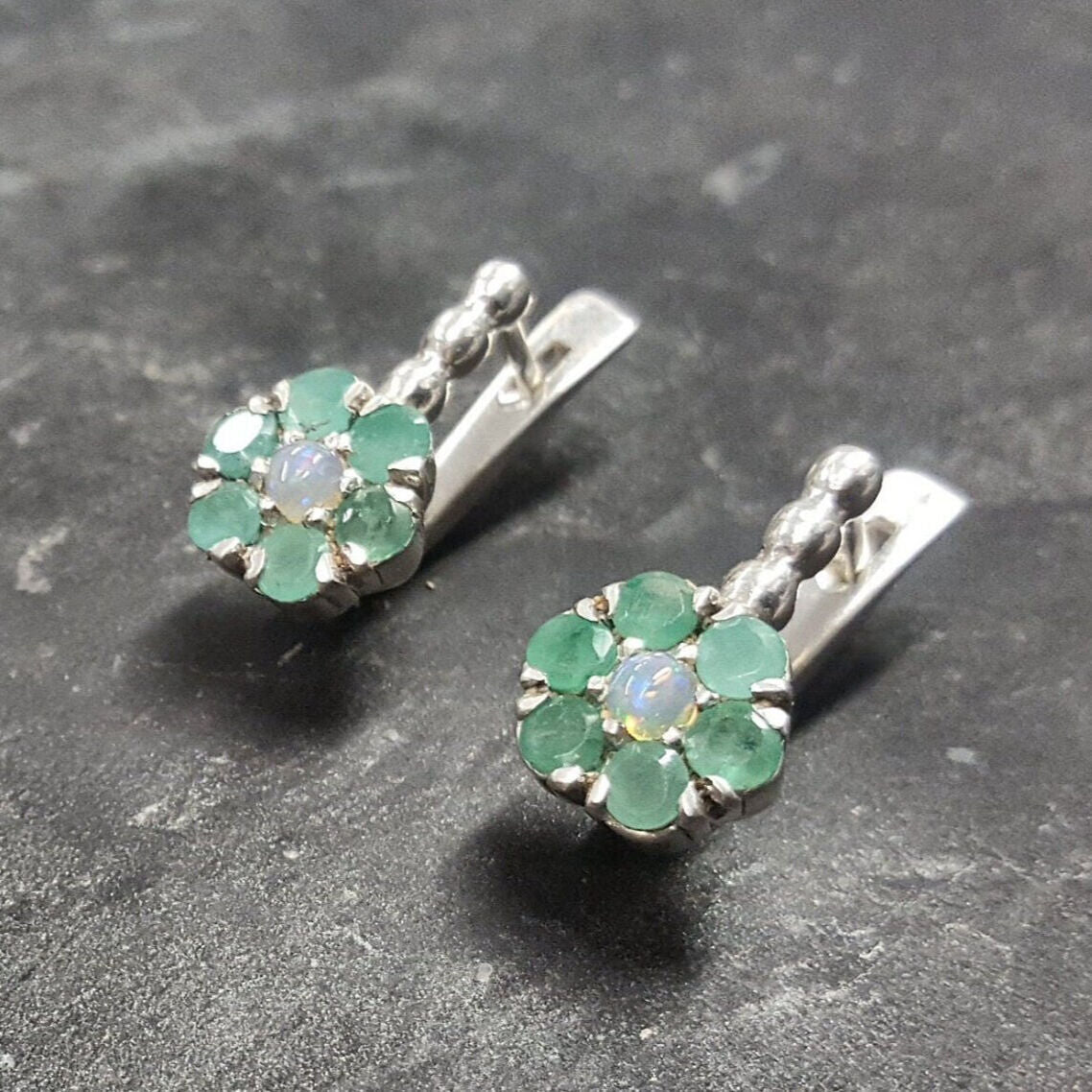 Emerald Earrings, Natural Emerald, May Birthstone, Flower Earrings, Vintage Flower Earrings, Green Flower Earrings, Solid Silver Earrings