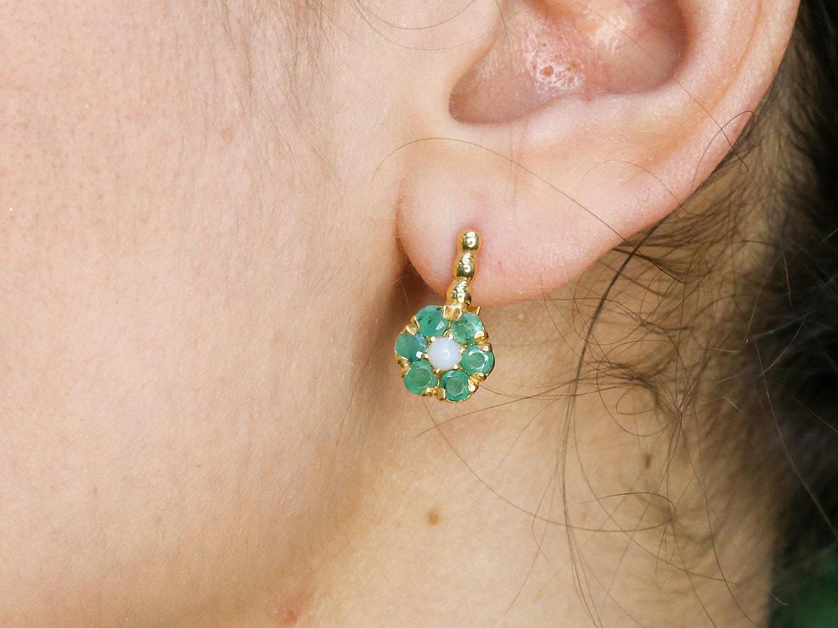 Natural Emerald Earrings in 18k Gold Vermeil, featuring a cluster of round green emeralds. Perfect May birthstone gift.