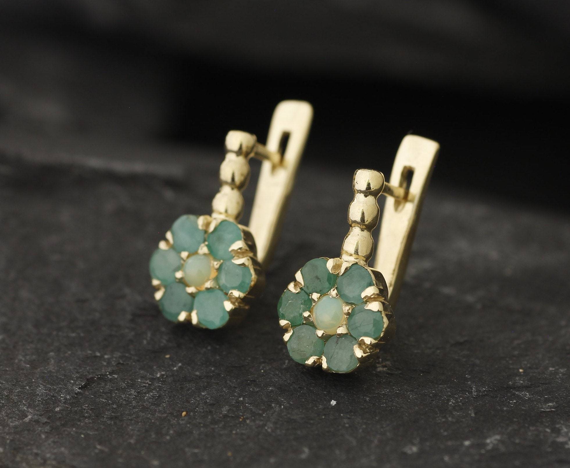Natural Emerald Earrings made in 18k Gold Vermeil with Round Natural Green Emerald in Cluster setting, May Birthstone gift idea, symbolizes growth, harmony, and deep emotional healing, ideal for everyday wear and perfect for birthday gifting and special occasions.