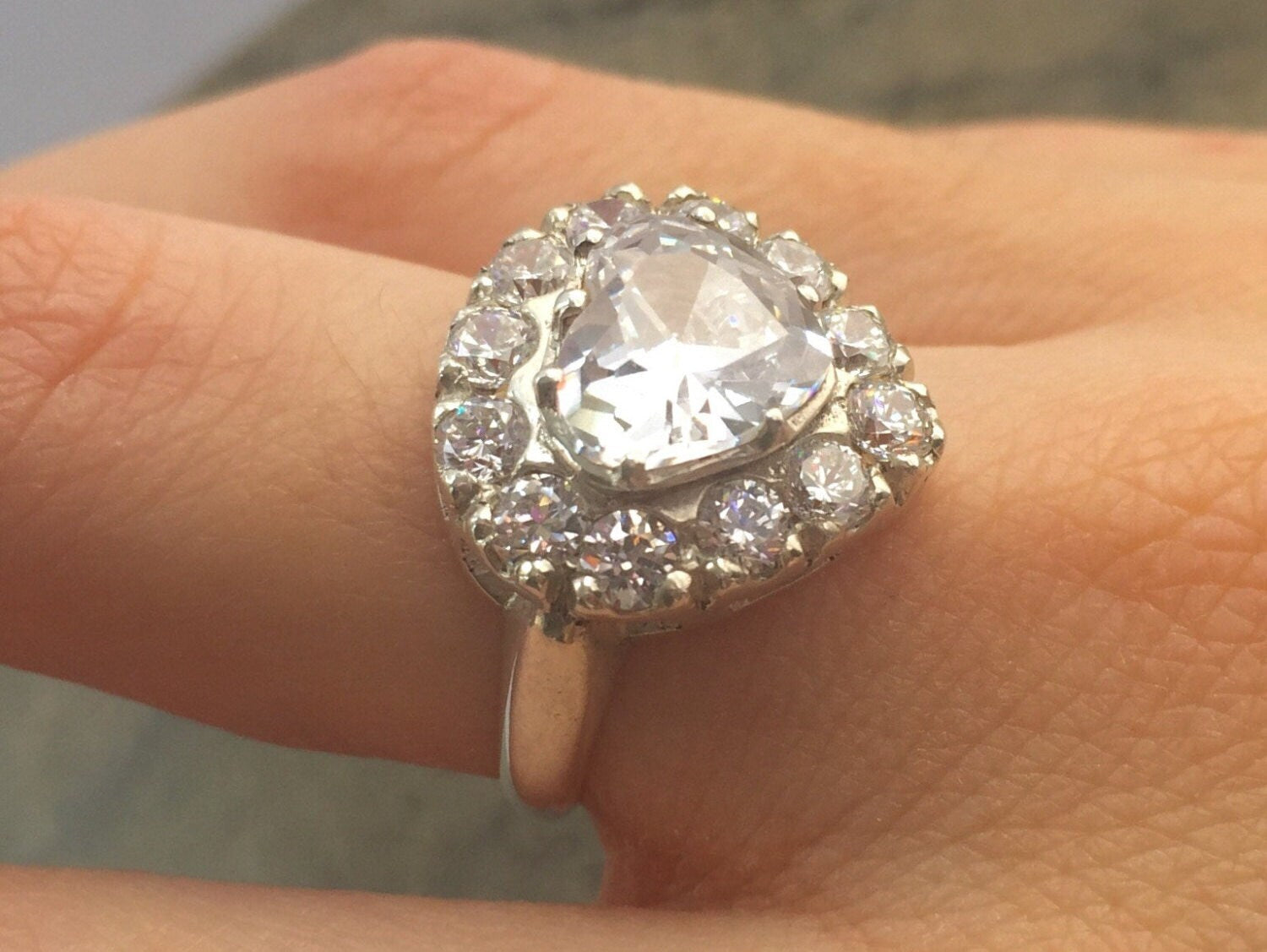 Heart Engagement Ring, White Topaz Ring, Promise Ring, Heart Ring, Bridal Ring, CZ Diamonds, Solid Silver Ring, Vintage Rings, Pure Silver
