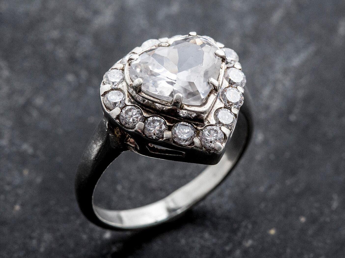 Heart Engagement Ring - White Topaz Ring, Heart Diamond Ring