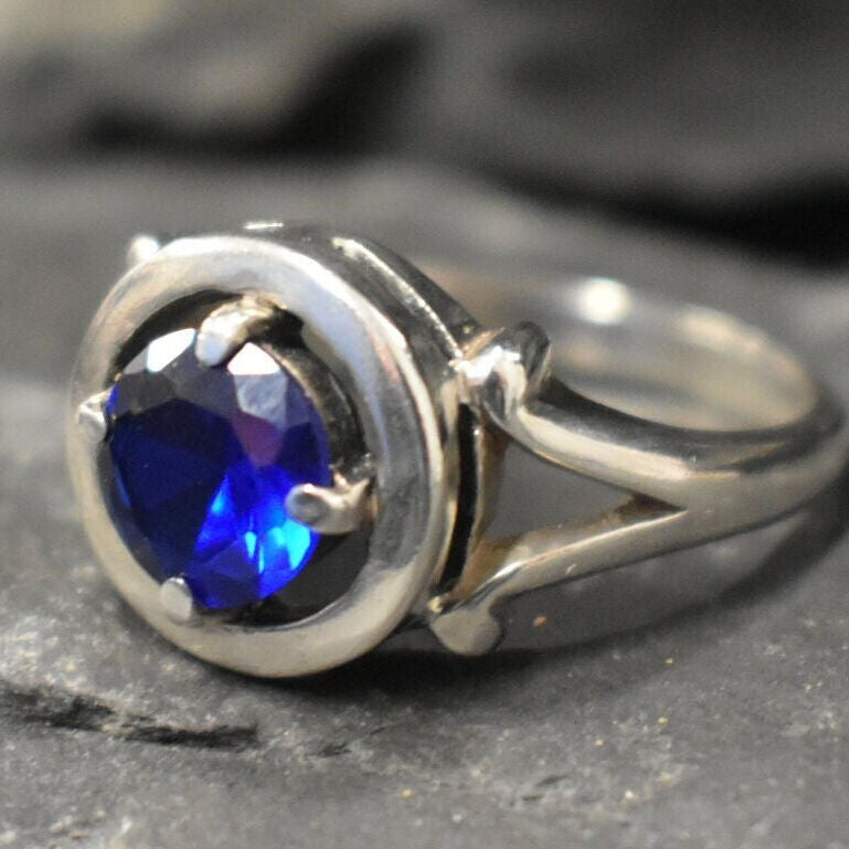 Created Sapphire Ring made in 925 Sterling Silver with Round Created Blue Sapphire in Prong setting, September Birthstone gift idea, symbolizes sincerity, truth, and faithfulness, ideal for everyday wear and perfect for birthday gifting and special occasions.