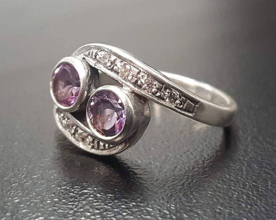 Amethyst Ring, Natural Amethyst, February Birthstone, 2 Stone Ring, Unique Vintage Ring, Purple Ring, Purple Vintage Ring, 925 Silver Ring