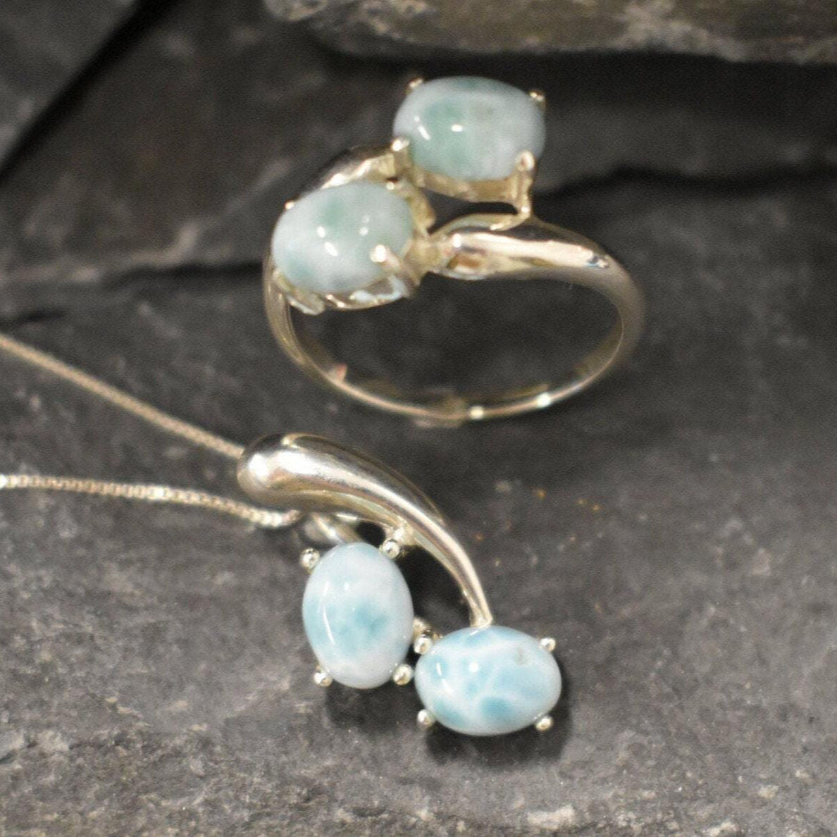 Larimar Pendant, Natural Larimar, Sky Blue Pendant, Two Stone Pendant, Dainty Pendant, Vintage Pendant, Larimar Necklace, 925 Silver Pendant