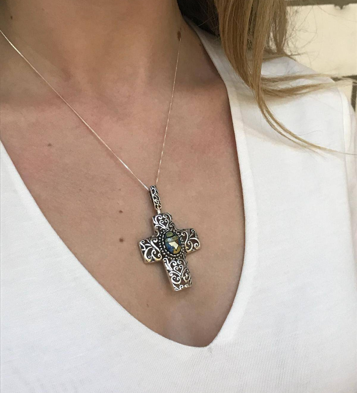 Mosaic Pendant, Shell Pearl Pendant, Natural Shell Pearl, Cross Pendant, Statement Pendant, Large Cross Pendant, Silver Pendant, Pearl Shell