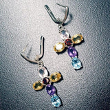 Dangling Cross Earrings - Multistone Heavy Earrings - Large Colorful Earrings