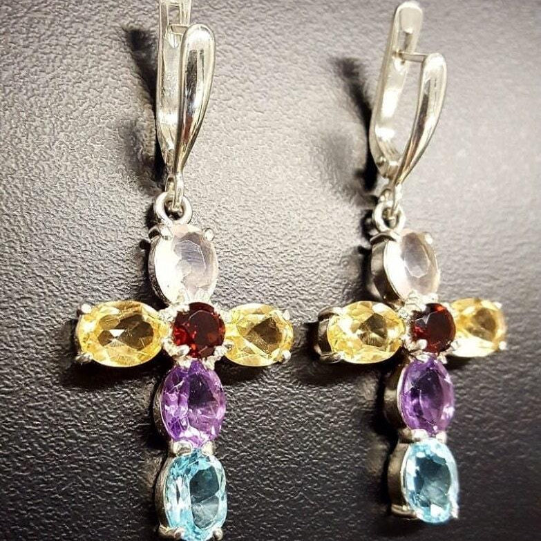 Cross Earrings, Topaz Earrings, Multistone Earrings, Birthstone Earrings, Vintage Earrings, Silver Earrings, Cross Design, Natural Topaz