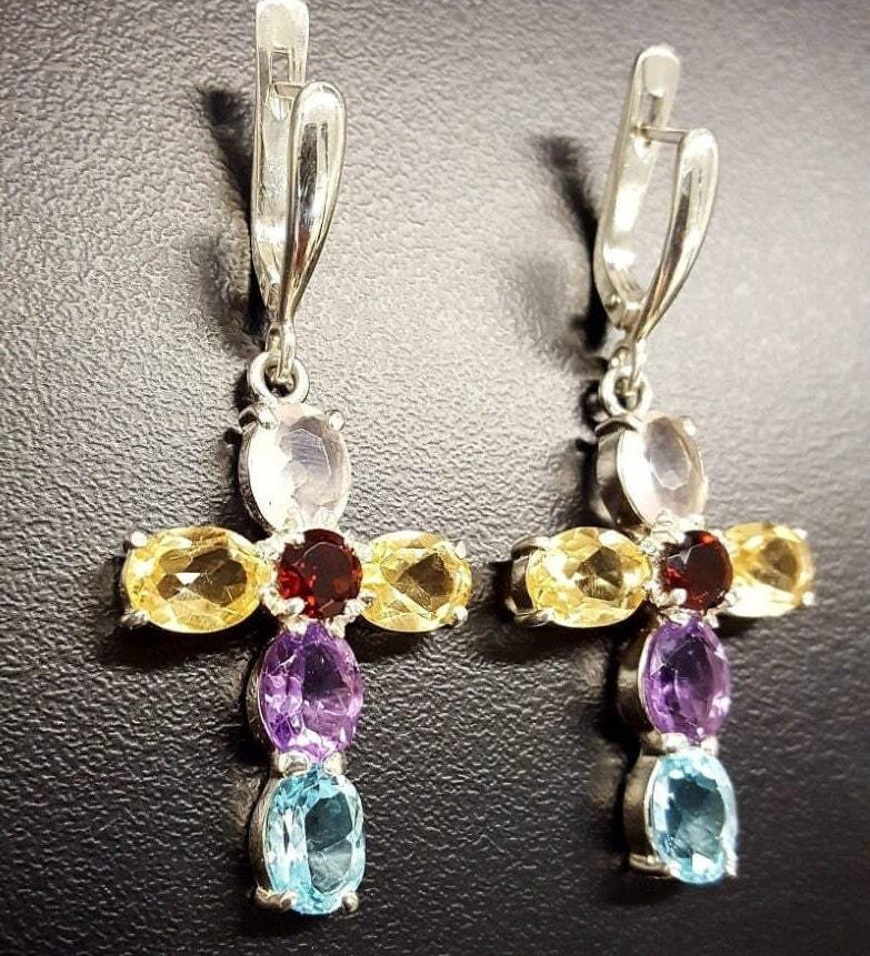 Cross Earrings, Topaz Earrings, Multistone Earrings, Birthstone Earrings, Vintage Earrings, Silver Earrings, Cross Design, Natural Topaz