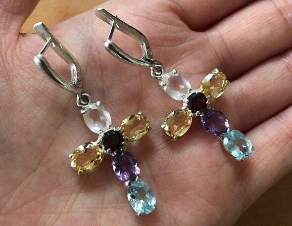 Cross Earrings, Topaz Earrings, Multistone Earrings, Birthstone Earrings, Vintage Earrings, Silver Earrings, Cross Design, Natural Topaz