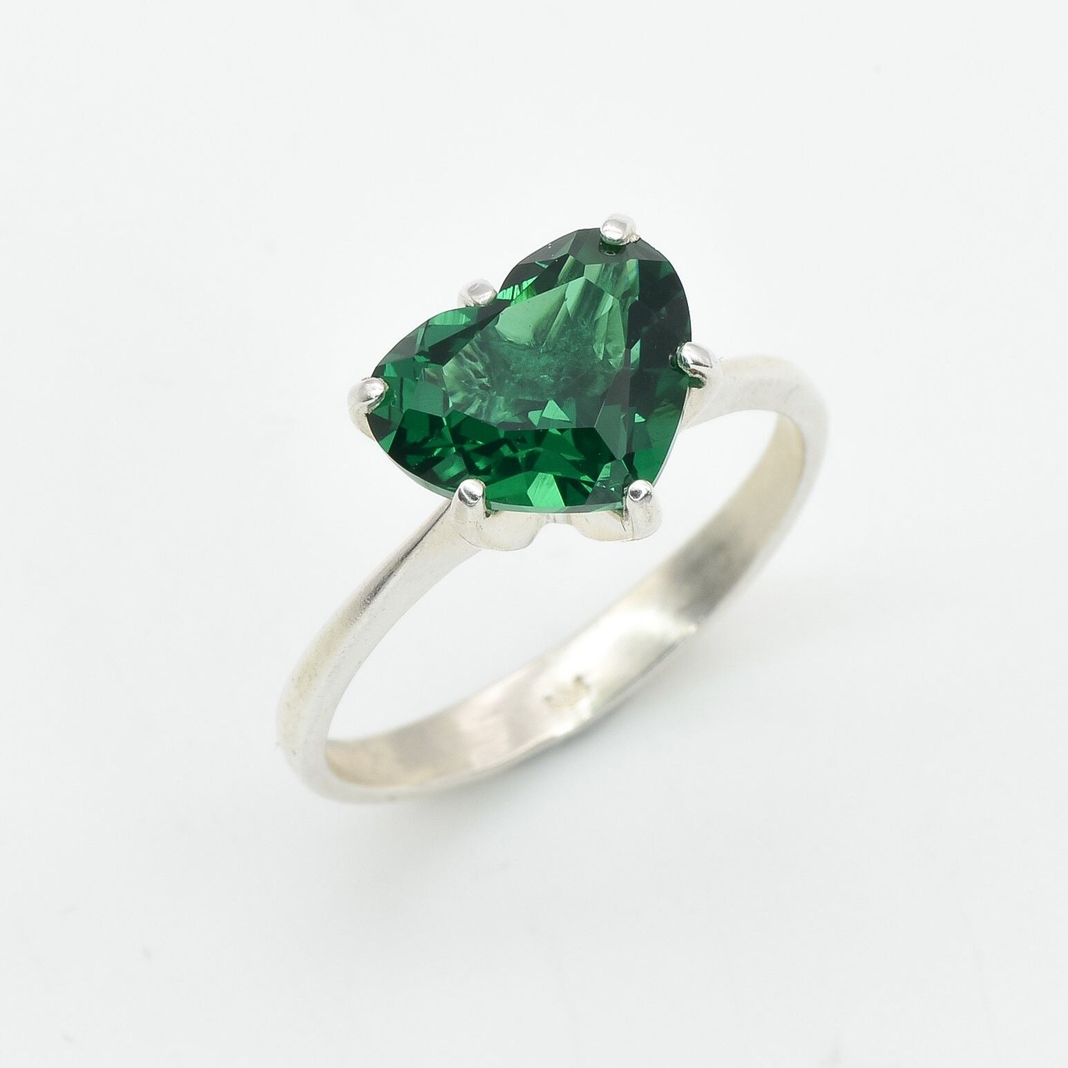 Created Emerald Ring made in 925 Sterling Silver with Heart Created Green Emerald in Solitaire setting, May Birthstone gift idea, symbolizes, ideal for everyday wear and perfect for birthday gifting and special occasions.