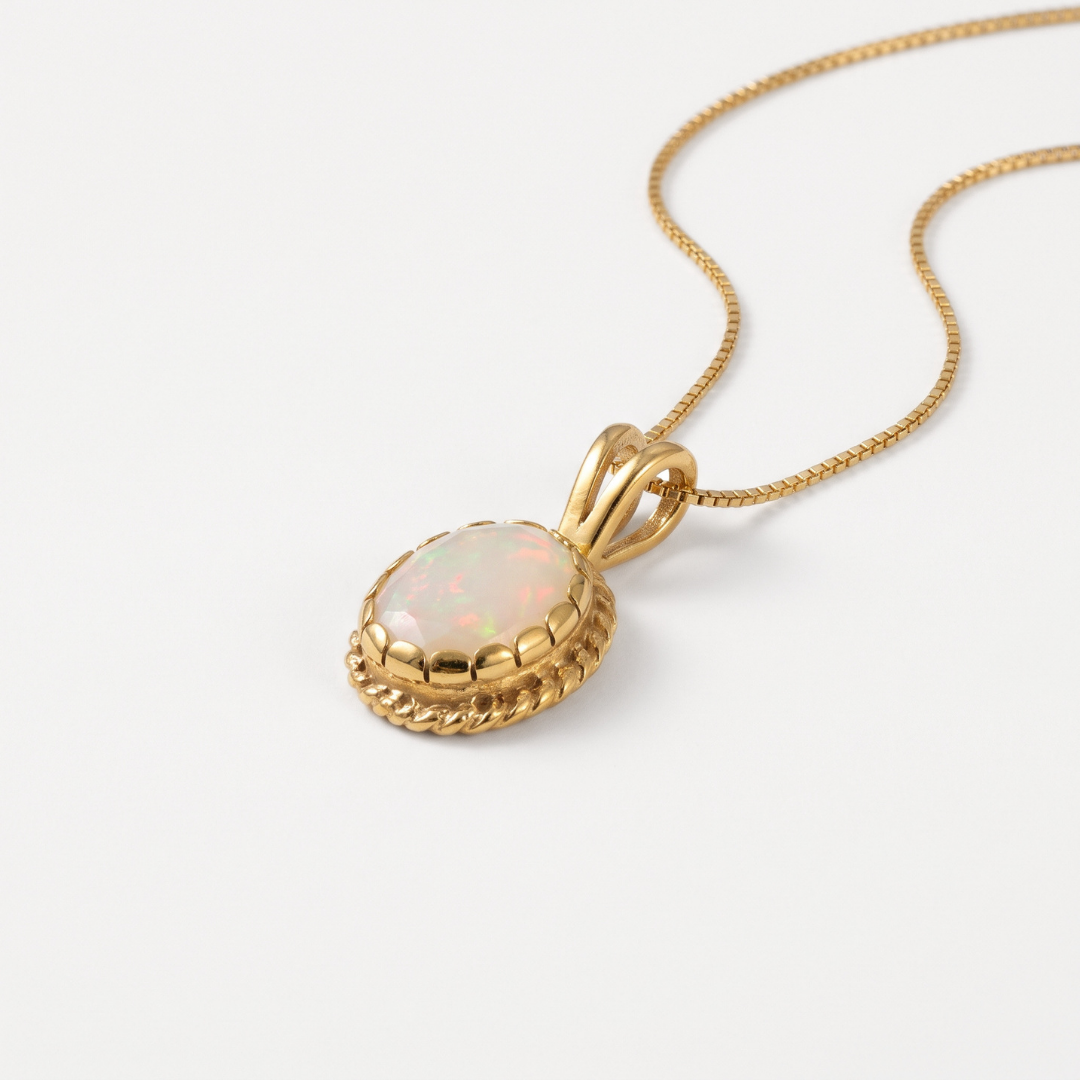 Stunning 18k Gold Vermeil pendant with a vibrant Oval Natural Fire Ethiopian Opal, a symbol of October birthstone charm.