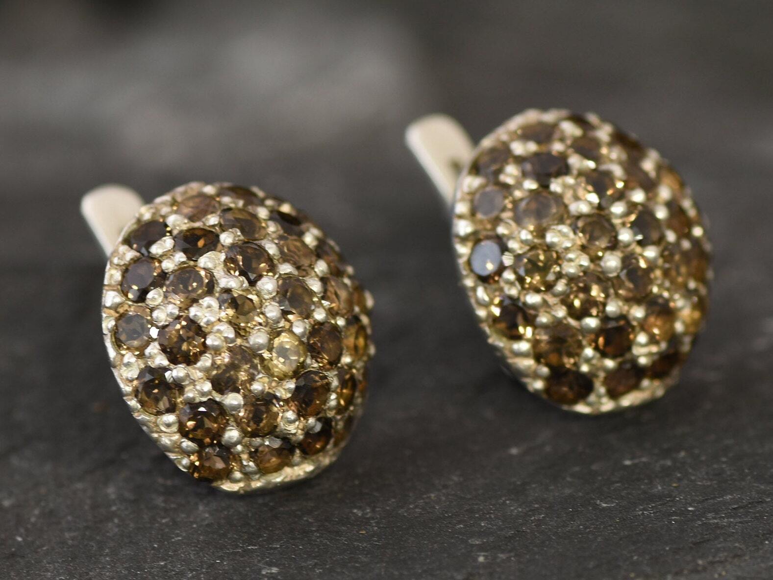 Smoky Topaz Earrings, Natural Smoky Topaz, Brown Cluster Earrings, Sphere Topaz Earrings, Large Round Earrings, Brown Stone Earrings, Silver