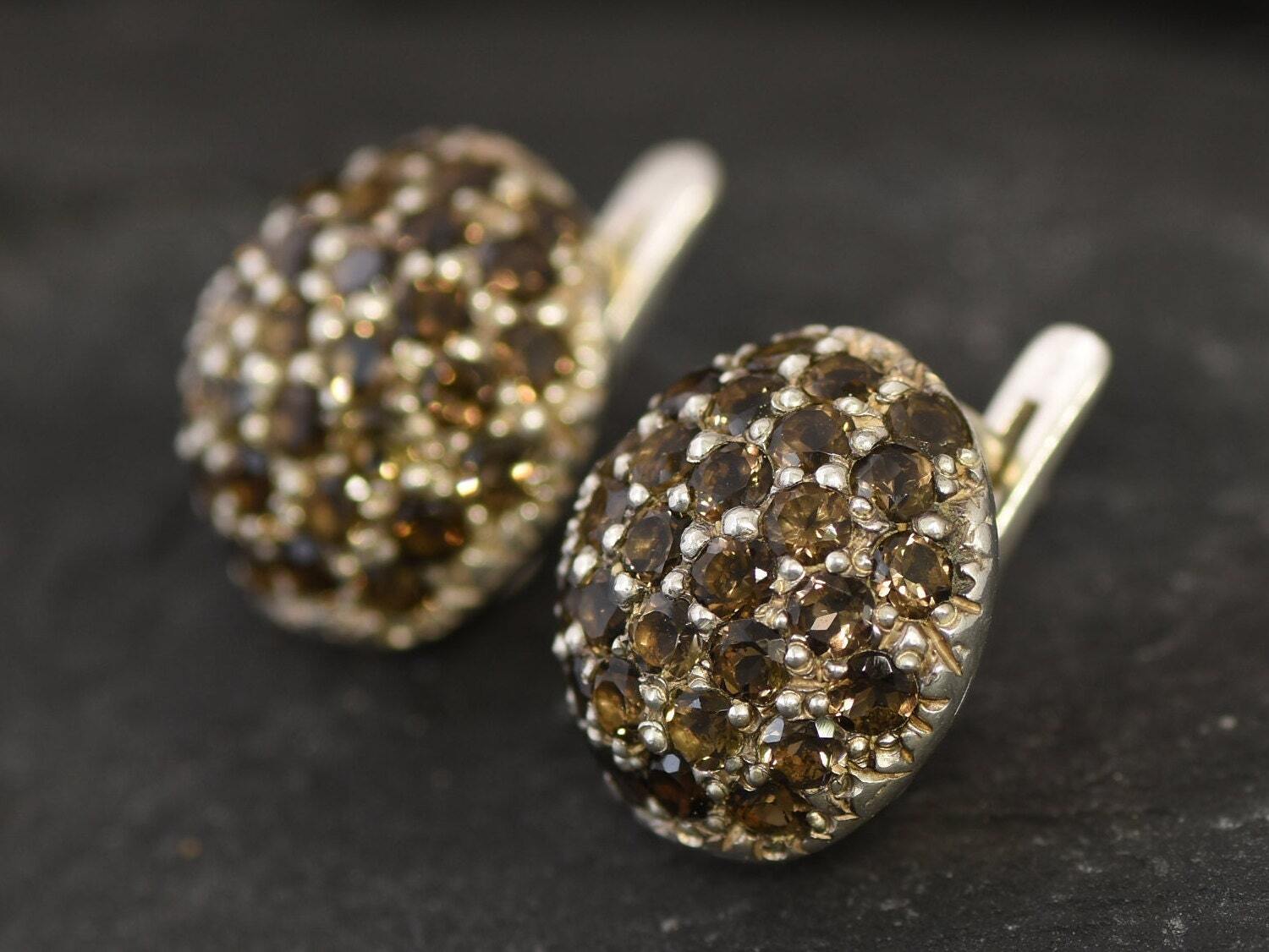 Smoky Topaz Earrings, Natural Smoky Topaz, Brown Cluster Earrings, Sphere Topaz Earrings, Large Round Earrings, Brown Stone Earrings, Silver