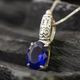 Created Sapphire Pendant made in 925 Sterling Silver with Oval Created Blue Sapphire in Prong setting, September Birthstone gift idea, symbolizes sincerity, truth, and faithfulness, ideal for everyday wear and perfect for birthday gifting and special occasions.