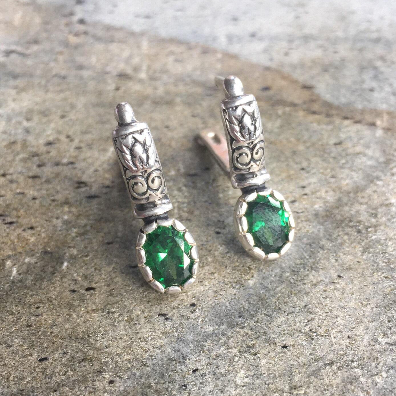 Green Emerald Earrings - Vintage Drop Earrings - Gold Tribal Earrings